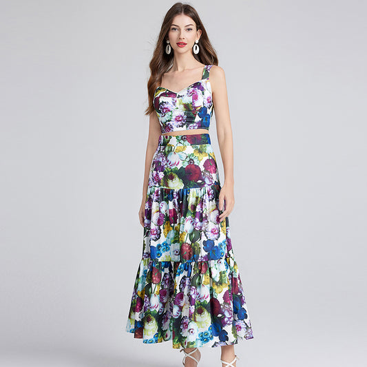 Sexy Printed Small Lace Stitching Three Dimensional Strapless Halter Skirt Two Piece Set
