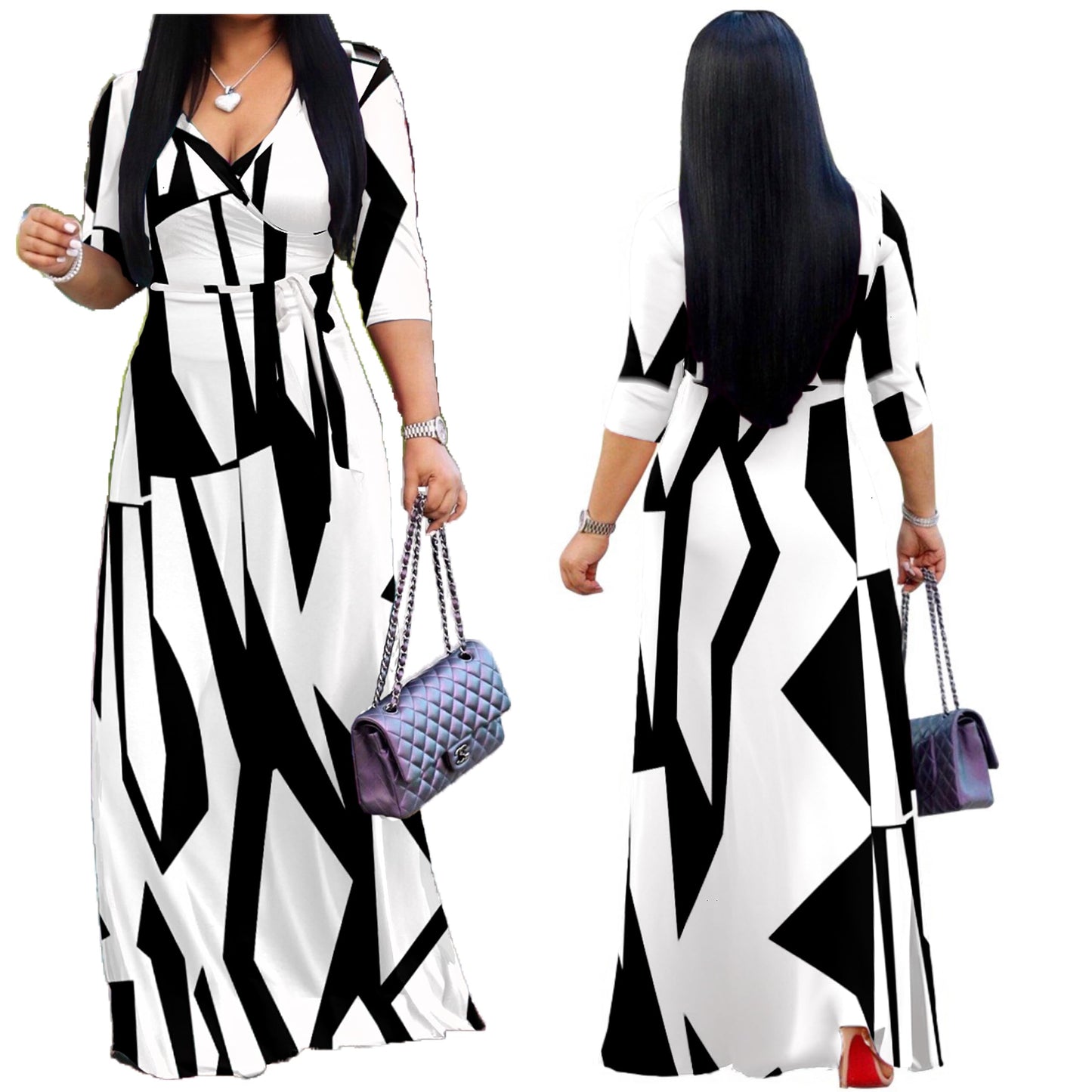Women's White Coil Printed V Neck 3/4 Sleeve Plus Size Long Maxi Dress with Belt (Floral-40 X-Large)