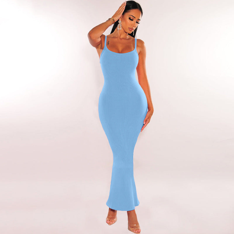 Women Clothing Spring Summer Sexy Backless Slim Fit Solid Color Strap Dress