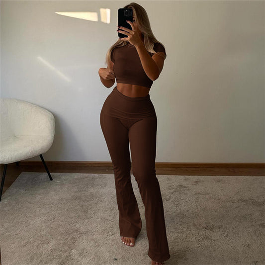 Spring Sexy Slim Fit Crop Top Short Sleeve T shirt High Waist Tight Casual Trousers Set