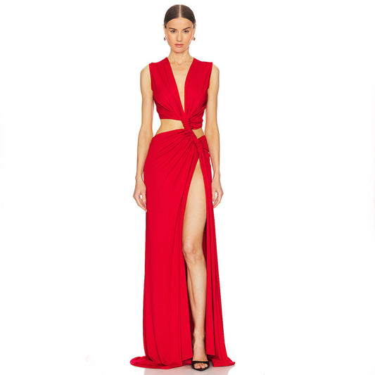 Women Summer Solid Color Sexy Deep V Plunge Hollow Out Cutout Out Slit Slim Fitting Maxi Dress