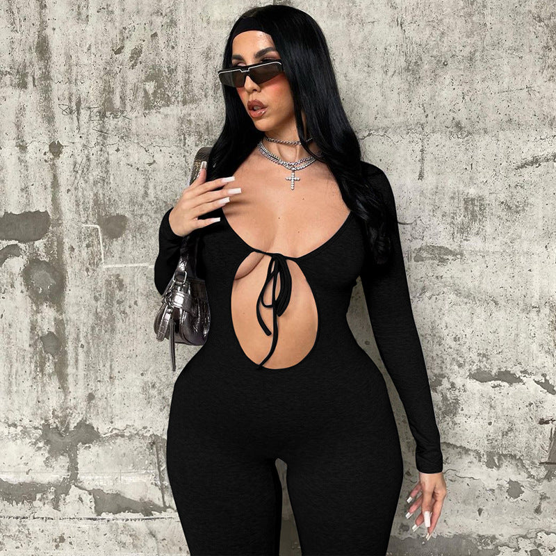 Women Clothing Autumn Sexy Chest Hollow Out Cutout Slim Long Sleeve Jumpsuit