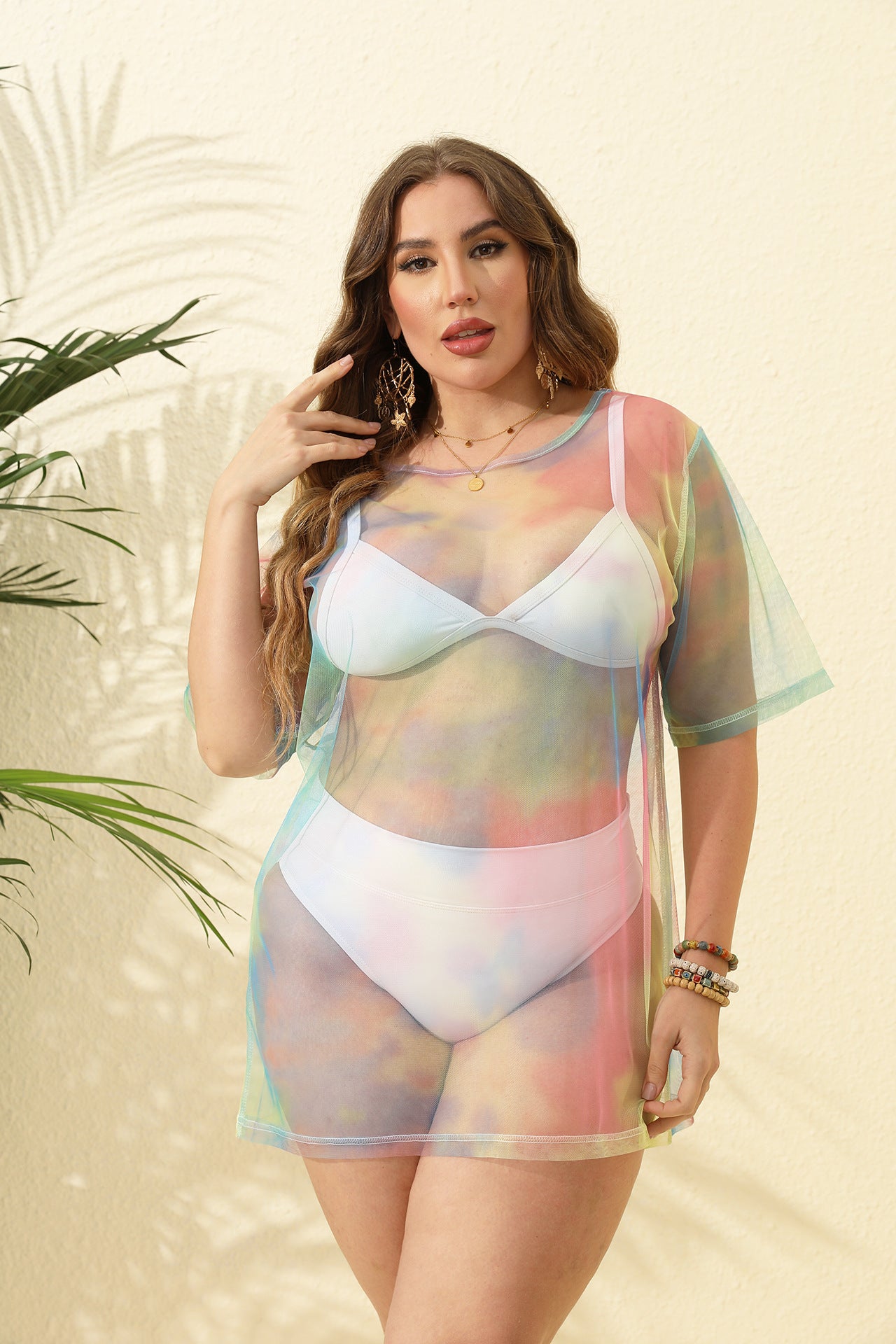 Plus Size Women Clothes Tie Dyed Printed Sexy Sheer Mesh Beach Dress