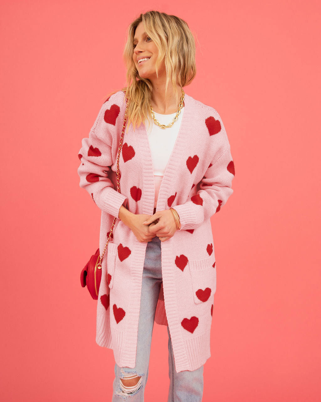 Valentine Day Heart Knitted Cardigan Love Pocket V Neck Mid Length Coat Women