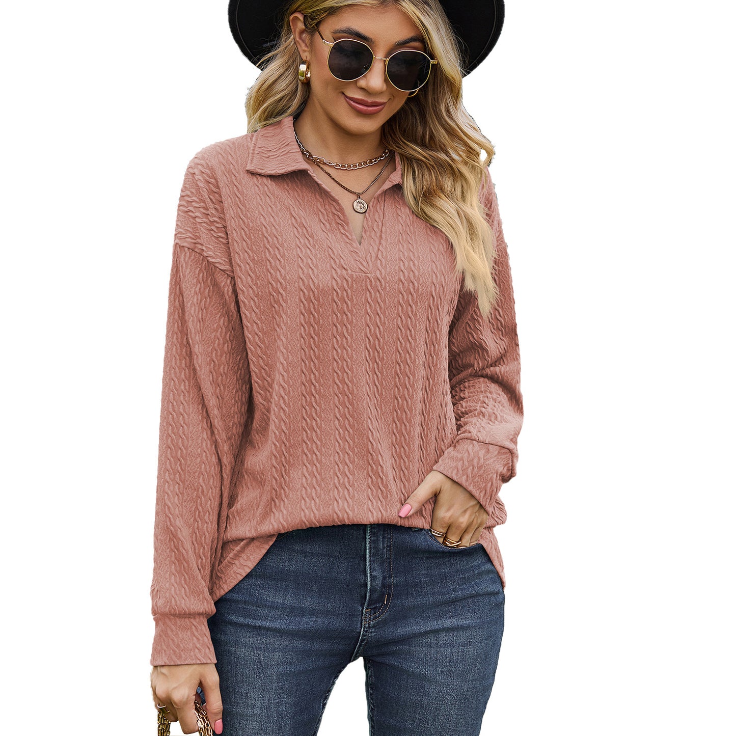 Autumn Winter Solid Color Polo Collar Loose Long Sleeve Sweatershirt Coat Women Jacket