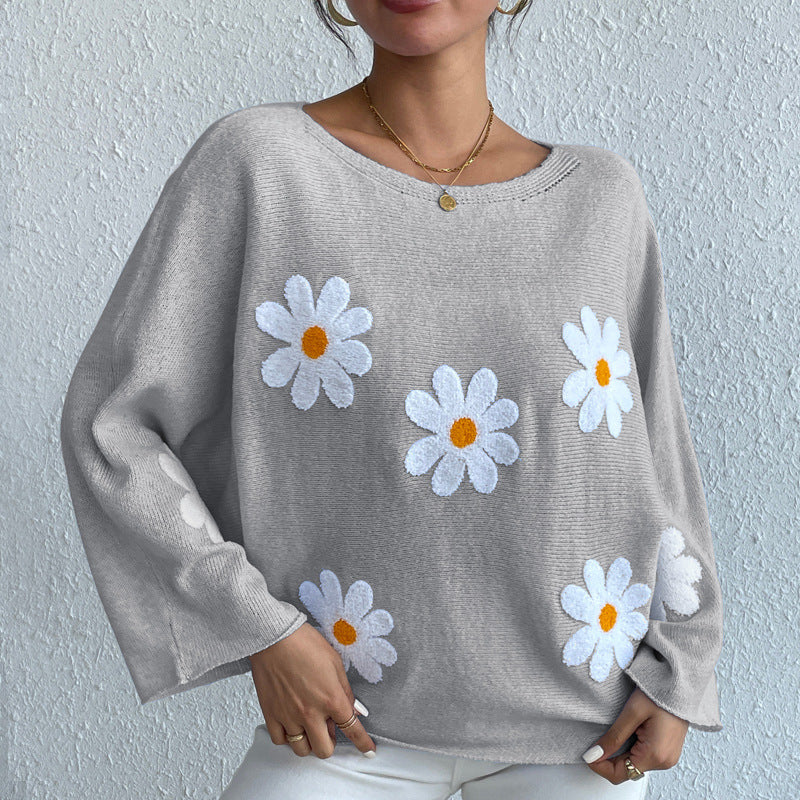 Loose Batwing Sleeve Sweater Autumn Winter Embroidered Floral College Off Shoulder Sweater