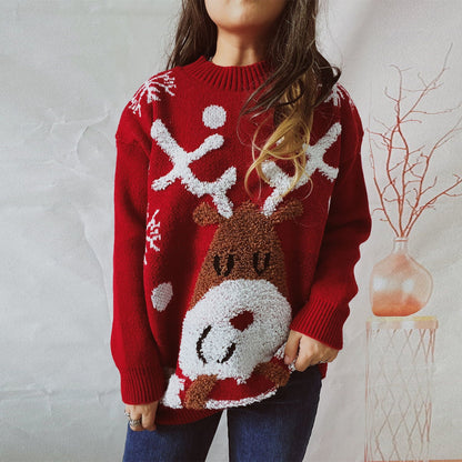 Autumn Winter Loose Elk Snowflake Flocking Jacquard round Neck Knitted Sweater Pullover