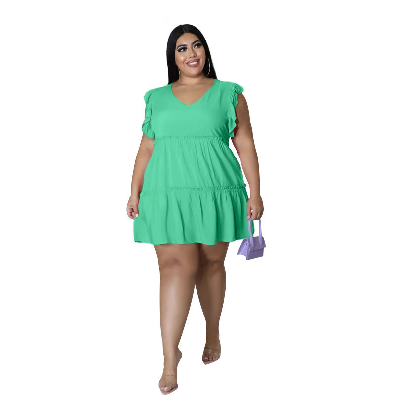 plus Size Summer Women Clothes Solid Color Casual V neck Sleeveless Ruffled Pleated Short Dress