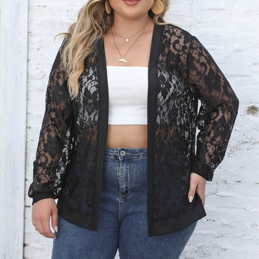 Plus Size Women Clothes Sexy Mesh See Through Casual Outerwear Spring Autumn Cardigan Coat