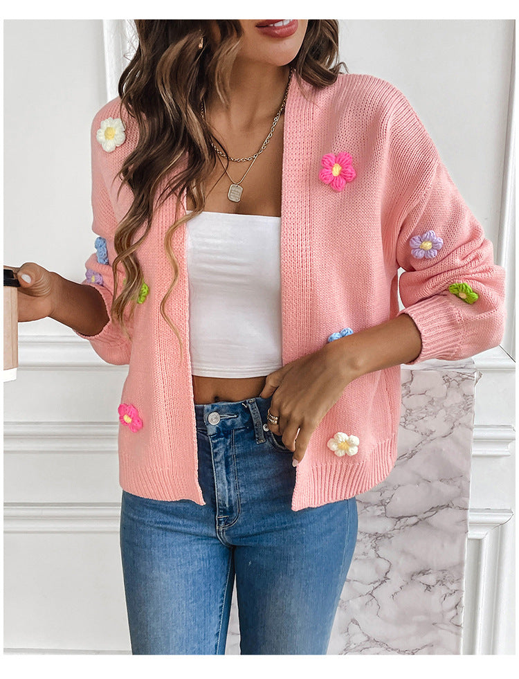 Hand Crocheting Floral Sweet Knitted Cardigan Sweater Coat Women Idle Casual Loose Sweater