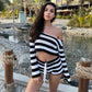 Knitted Striped Shorts Set Women Autumn Winter Long Sleeved Short Top Cropped Sexy Two Piece Set