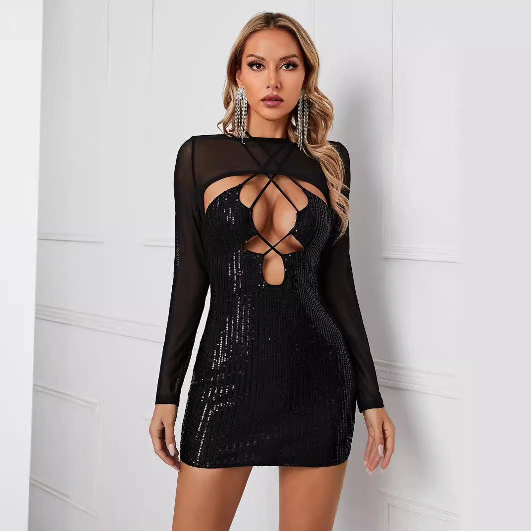 Women Cocktail Party Sexy Evening Dress Sequined Tube Top Hollow Out Cutout out Party Evening Dress