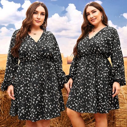 Plus Size Women Dress Autumn Summer Printed Waist Tight Slimming Gentle Black Dress