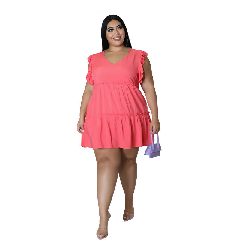 plus Size Summer Women Clothes Solid Color Casual V neck Sleeveless Ruffled Pleated Short Dress