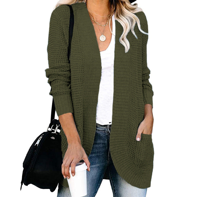 Autumn Winter Cardigan Women Clothing Curved Placket Large Pocket Sweater Open