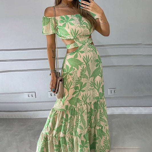 Summer Women Clothing Printed Elegant off Shoulder High Waist Hollow Out Cutout out Ruffled Dress for Women