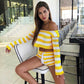 Knitted Striped Shorts Set Women Autumn Winter Long Sleeved Short Top Cropped Sexy Two Piece Set