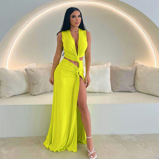 Women Summer Solid Color Sexy Deep V Plunge Hollow Out Cutout Out Slit Slim Fitting Maxi Dress