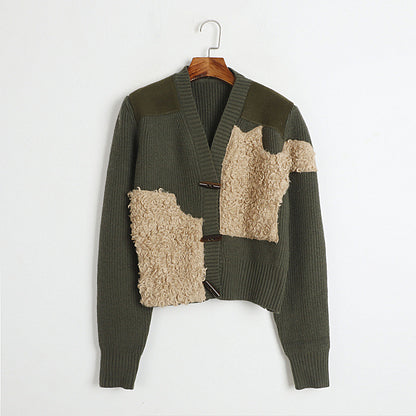 Niche Design Stitching Thick Sweater Women Autumn Winter Japanese Horn Button V Neck Warm Jacket