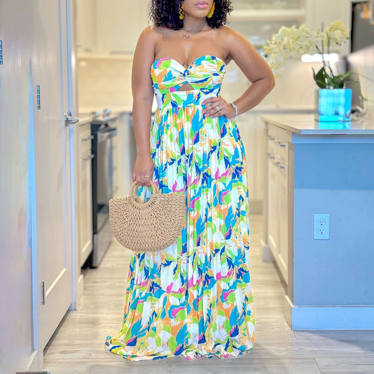 Women Wear Summer Sexy Print Wrapped Chest Off The Shoulder Pleated Wide Leg Jumpsuit