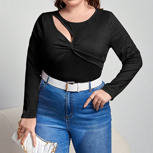 Plus Size Women Clothes Autumn Winter Slim Solid Color Long Sleeve T shirt pirational Design Stylish Sexy Cutout Top