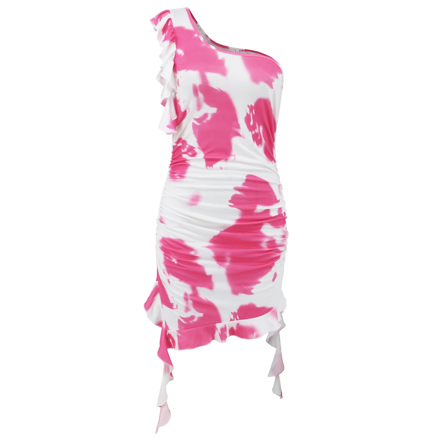 Ruffled Tie Dyed Printed Dress Summer Sexy Package Hip Short Women Clothing