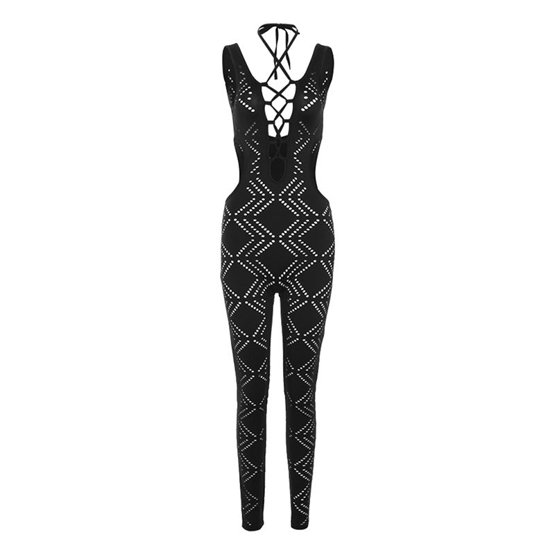 Fall Women Clothing Sexy Cutout Backless Lace up High Top Sports One Piece Trousers