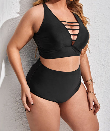 Plus Size Solid Color Hollow Out Cutout Cross Shoulder Strap Adjustable Halter Bikini