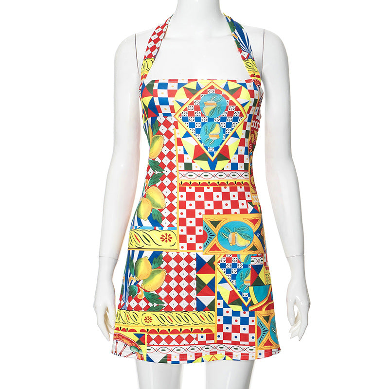 Women Clothing Summer Holiday Halter Backless Printed Slim High Waist Short Dress Amplified craft