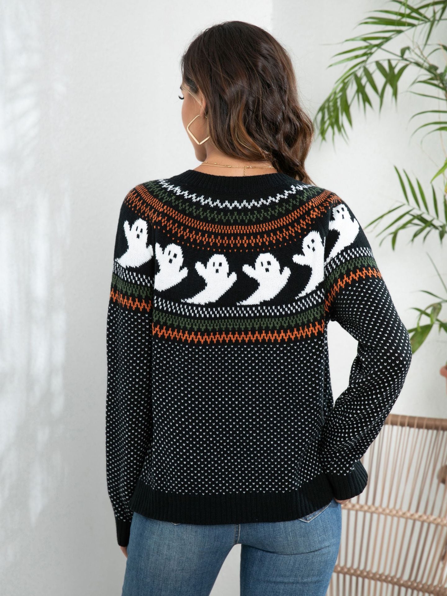 Popular Halloween Ghost Retro Dots Long Sleeve Knitted Cardigan Sweater Women Loose Women Clothing