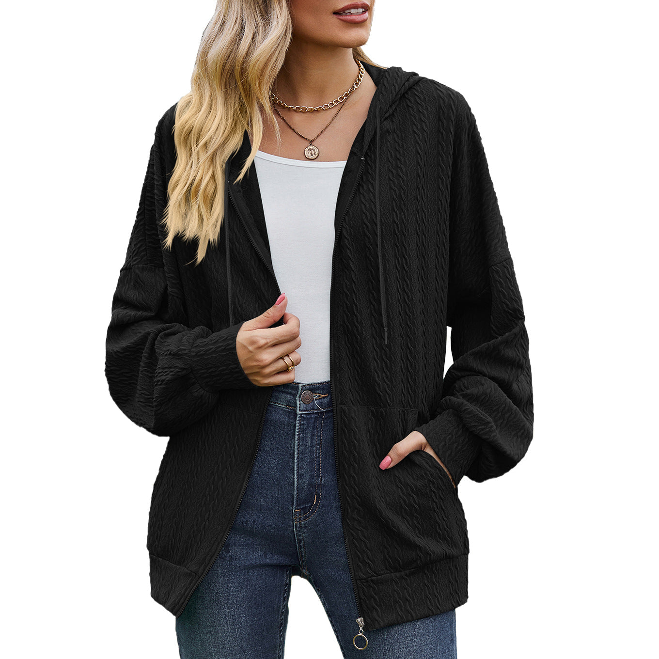Autumn Winter Solid Color Pocket Long Sleeve Loose Hooded Sweater Women Coat