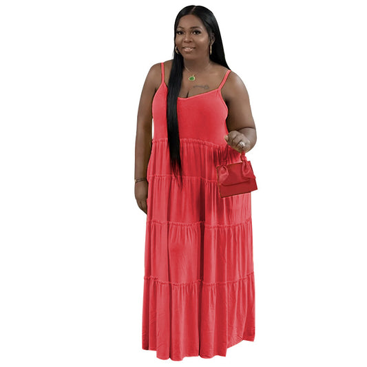 plus Size Summer Women Clothes Solid Color Sexy Strap Pleated Stitching Casual Dress