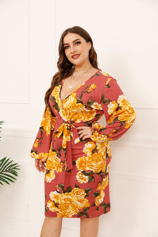 Plus Size Spring Summer Sweet Plant Floral Print One Piece Tied Lotus Leaf Long Sleeve Dress