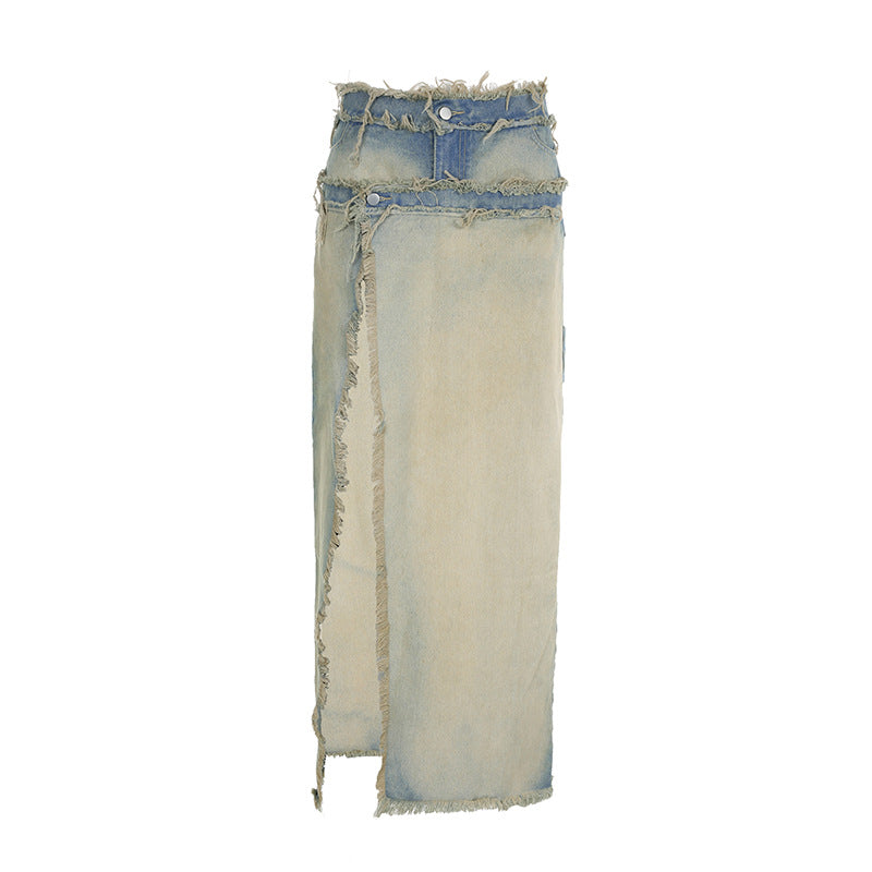 Niche Design Irregular Asymmetric Raw Hem Split Button Denim Skirt Vintage Washed Two Way Hip Skirt