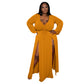 plus Size Spring Summer Sexy Deep V Plunge Neck Solid Color Long Sleeve Waist-Tight Women Clothes Casual Slit Dress