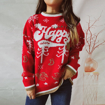 Autumn Winter round Neck Long Sleeve Contrast Color Letter Graphic Snowflake Christmas Sweaters Pullover