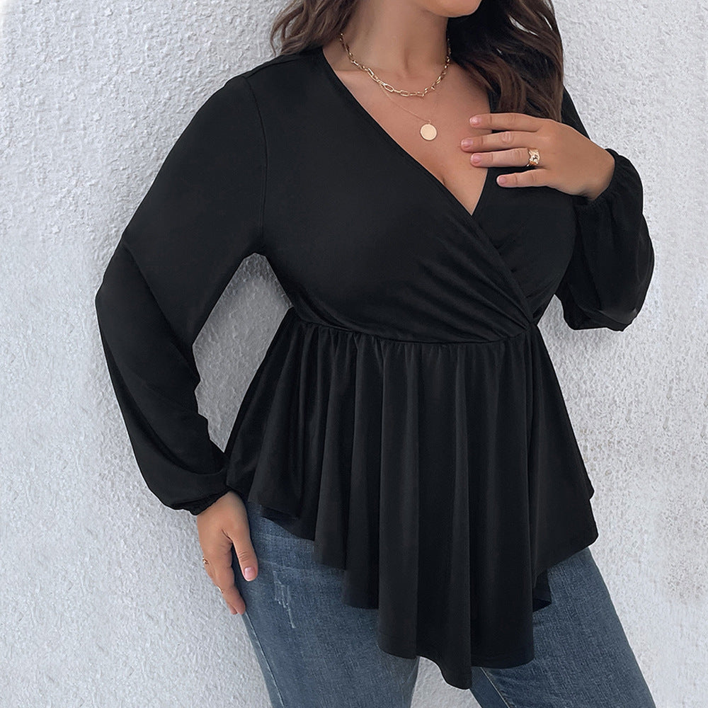 Plus Size Sexy V neck Pleating Loose High Waist Slimming V Stitching Long Sleeved Knitted Top Women Solid Color Wide Hem Elastic Waist Shirt