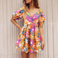 Women Clothing Summer V Neck Printed Beach Dress Lantern Sleeve Short Dress Popular