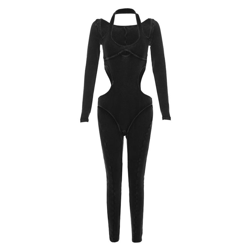 Fall Women Clothing Sexy Backless Halter Low Collar Hollow Out Cutout Long Sleeve Slim Fit One Piece Trousers for Women