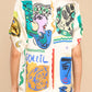 Summer Graffiti Printing Satin Short Sleeve Collared Shirt Trousers Casual Two Piece Suit