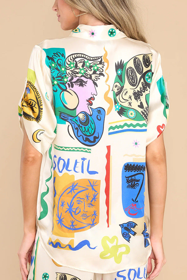 Summer Graffiti Printing Satin Short Sleeve Collared Shirt Trousers Casual Two Piece Suit