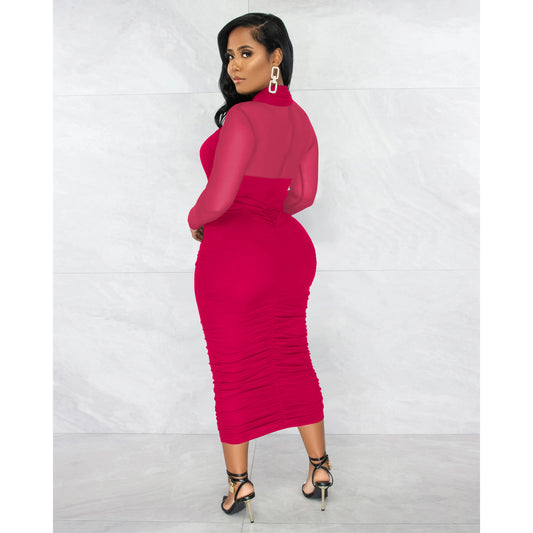 Women Wear Mesh Long Sleeve Solid Color Wrapped Chest Navel Dress