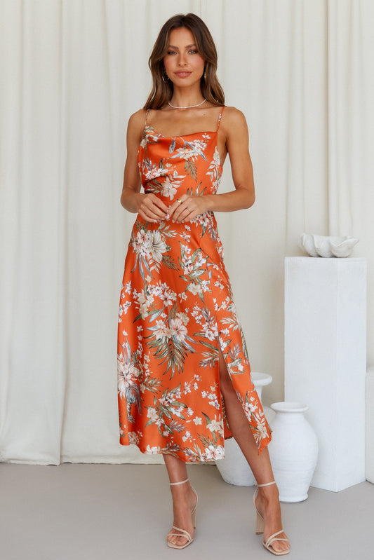 Women Summer Vacation Sleeveless Floral High Split Cami Maxi Dress