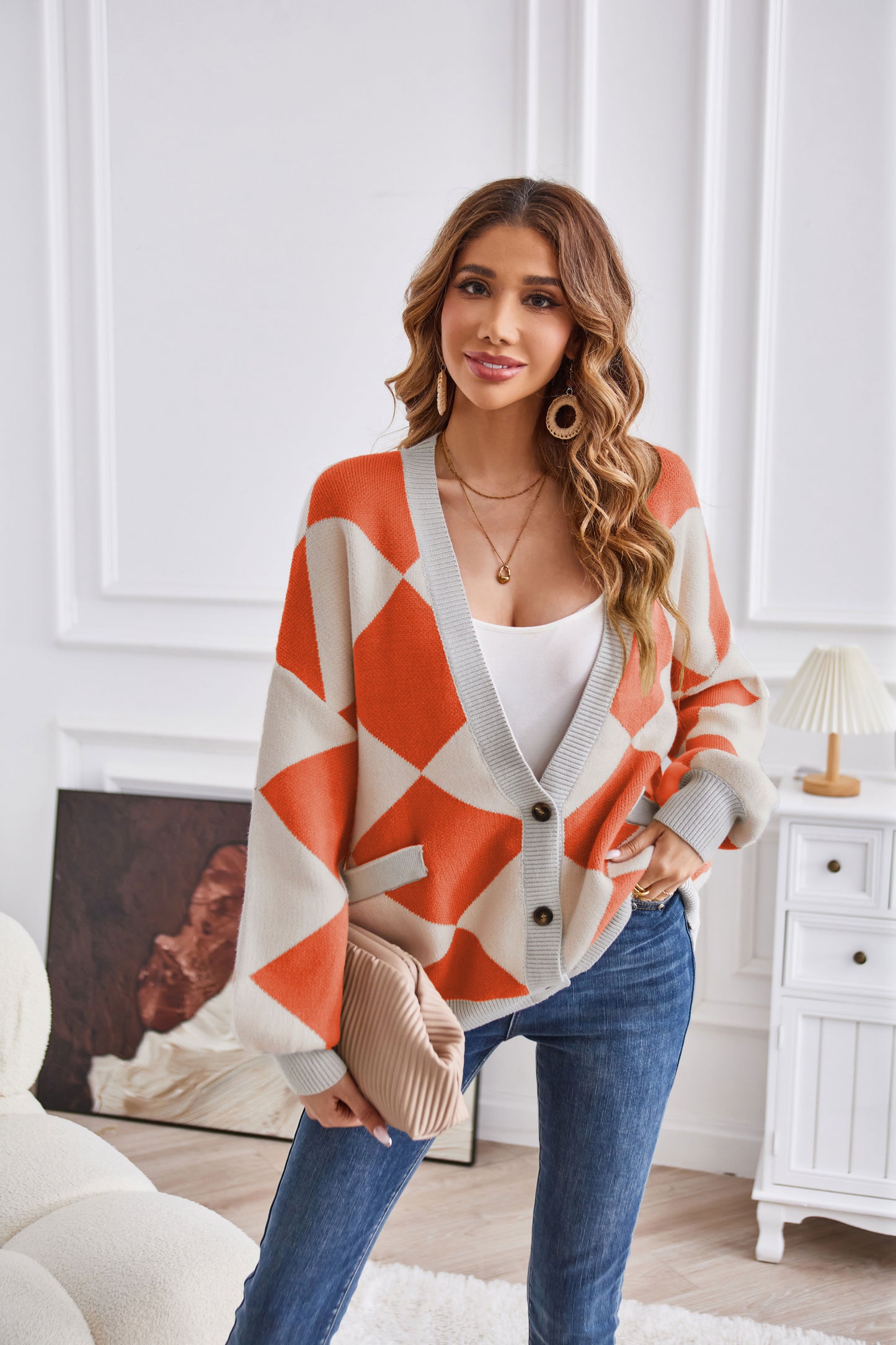 Winter V Neck Geometric Abstract Stitching Contrast Color Knitted Cardigan Casual Loose Jacket Women