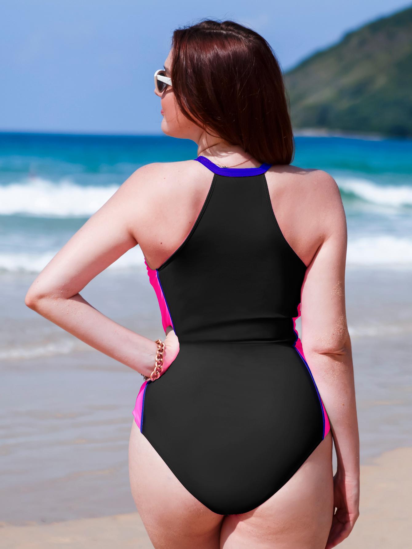 Plus Size Bikinx Plus Colorblock Zipper Front Halter One Piece Swimsuit