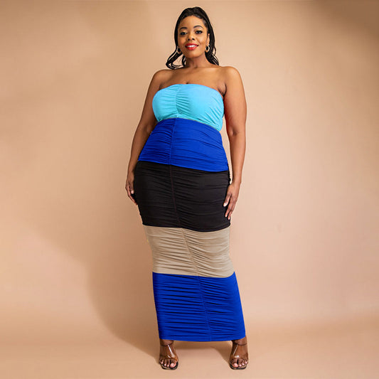plus Size Summer Women Clothes Color Contrast Patchwork Pleated Sexy off-Shoulder Tube Top Dress
