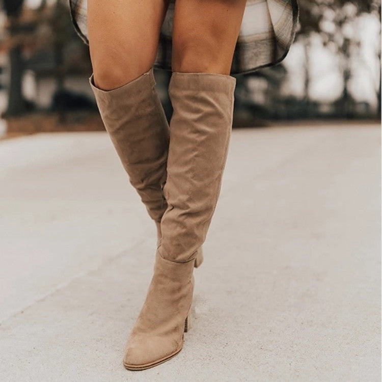 Plus Size Long Boots Female Suede Chunky Heel Pointed Toe Side Zip Solid Color Knight Boots