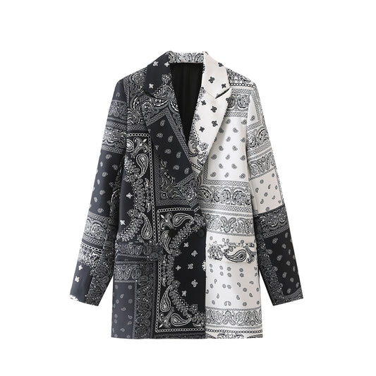 2022 Spring Urban Casual Women  Double-Breasted Color Matching Printed Blazer