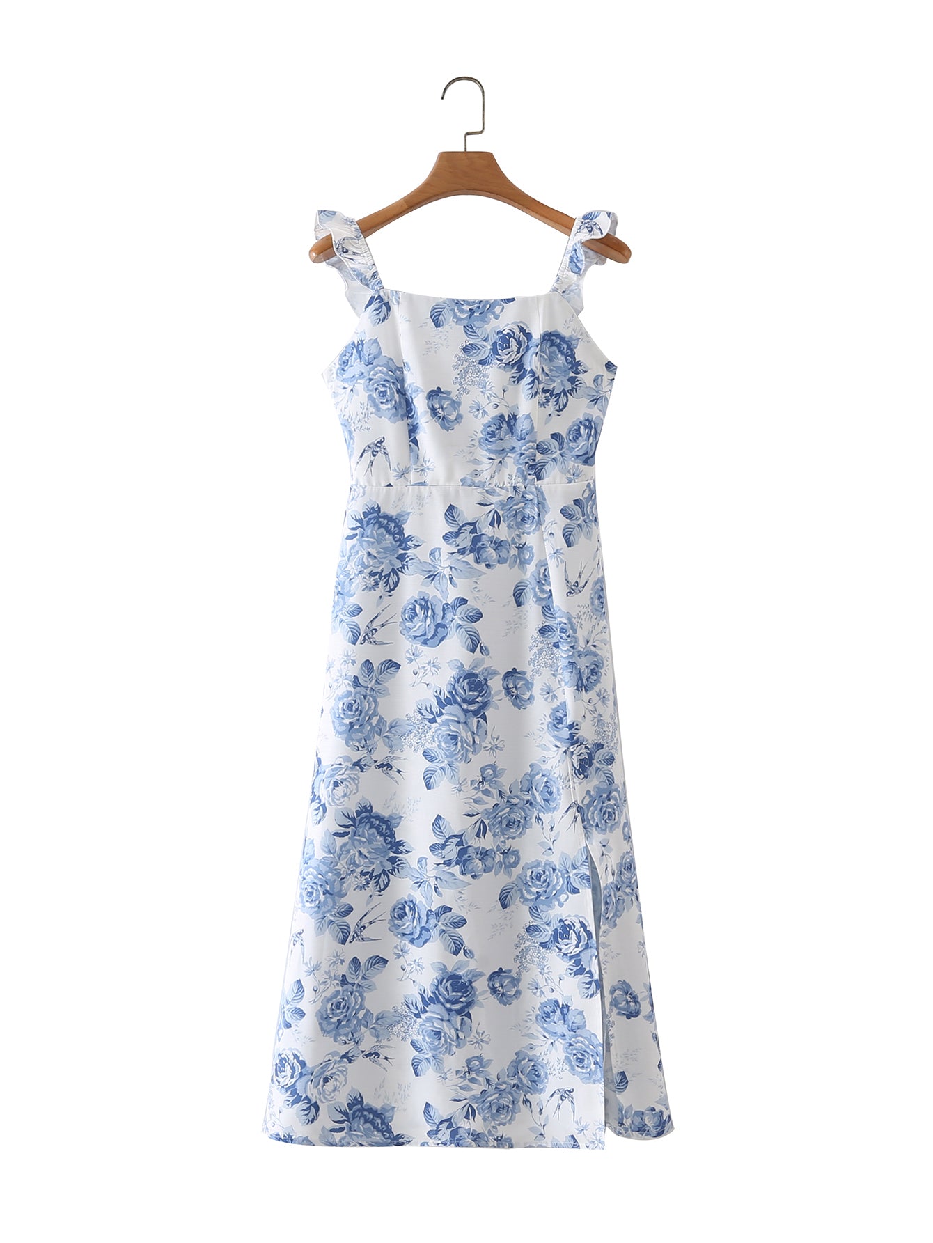 Summer New Women Clothing Slimming Floral Print Wooden Ear Elastic Slim Fit Long Strap Dress