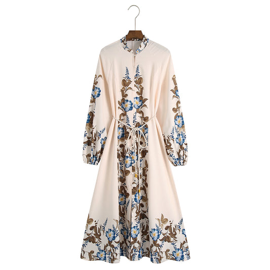Women  Clothing Printed Button Lace-Up Waist-Controlled Long Sleeves Dress Maxi Dress